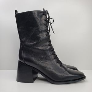 Sam Edelman Westie Black Leather Lace Up Zip Chunky Heel Booties Sz 9.